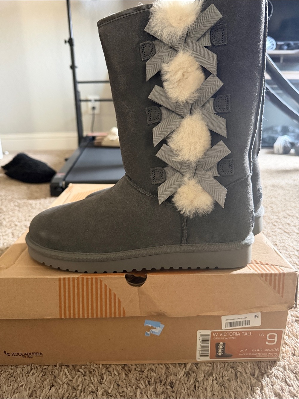 Koolaburra Gray Tall Suede Boot with Fur Pom-Pom Bows